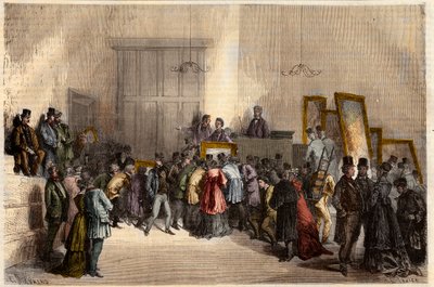 Sale of paintings at the hotel of auctioneers in Paris in 1868. Engraving in 