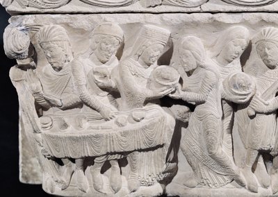 Salome presenting the head of St. John the Baptist at the feast of Herod, detail from a relief on a capital (detail) by French School