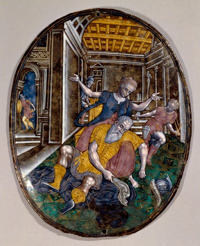 Samson and Delilah. Samson loses strength after Delilah cuts his hair. Limoges booklet. 1575 approx. London, Victoria and Albert Museum by French School