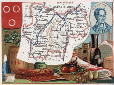 Saone et Loire, Burgundy, France. Portrait of Alphonse de Lamartine. Series on the French Departments. Chromolithography around 1890 by French School