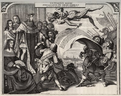 Satirical Allegory on the Rise of the Siege of Arras in 1654 After the Coronation of Louis XIV. Lower Left is Queen Anne of Austria. Standing Beside Louis XIV, and on the Left of the King, Cardinal Jules Mazarin. Engraving. by French School