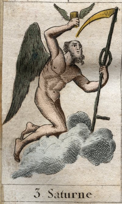 Saturn, god of agriculture and harvest, represented with a scythe. From 
