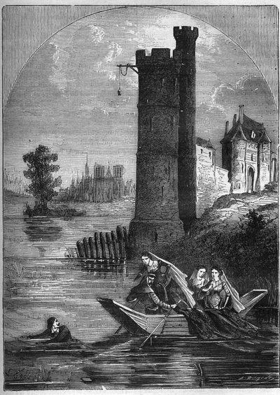 Scandal of the Tower of Nesle: Jean Buridan managed to escape from the Tower of Nesle in 1314 despite the ambush set by Queen Marguerite of Burgundy. Engraving in 