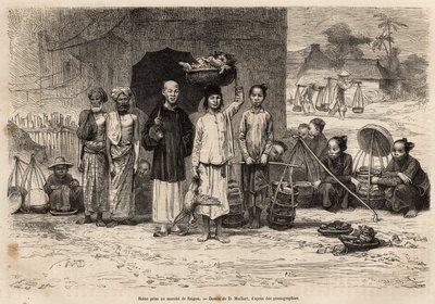 Scene of the Saigon market (engraving after a drawing by D. Maillard, illustrating the voyage to Cochinchine by Doctor Morice, 1872, published in 
