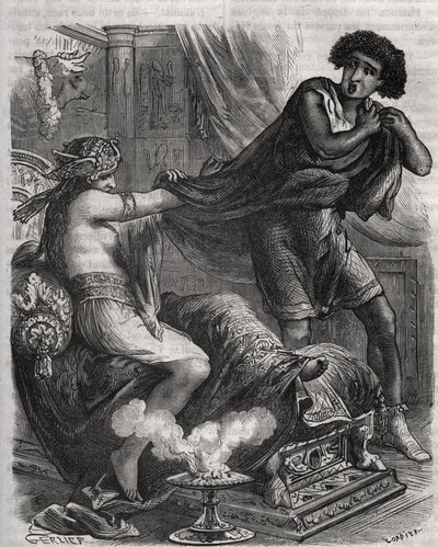 Scene from the Bible: She grasped the too virtuous young man by his tunic. The wife of Potiphar tries to seduce Joseph, a slave of the pharaoh. Engraving from 1871 in Histoire Des Cocus Celebres by Henry de Kock (1819-1892) by French School