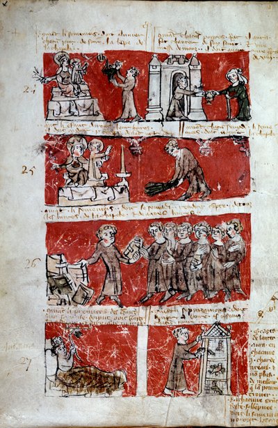 Scene of student life at the College of Hubant or Ave Maria in Paris Scenes of student life (charity works, distribution of books, maintenance of the lower courtyard) and college regulations. Bands 24 to 27. Manuscript page Livre des statutes du College by French School