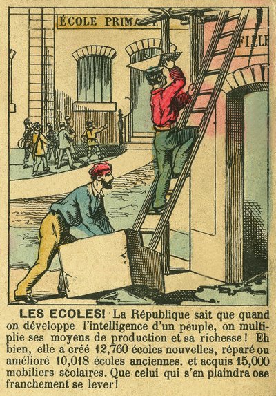 Schools, illustrating the benefits of the Third Republic for the development of education in schools. Engraving, in 