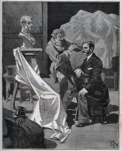 Sculpture, workshop of a sculptor, focus and sculpture of a bust. Engraving from 1880 in Les arts et metiers illustres by Adolphe Bitard. by French School