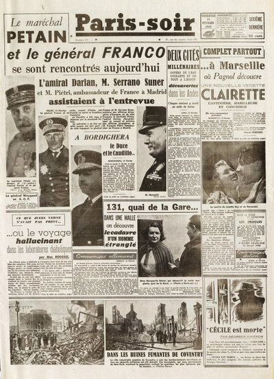 Second World War (1939-1945) - World War II (WWII or WW2): Paris Source [No. 237] of 14/02/1941 - Meeting between Marshal Petain and General Franco by French School