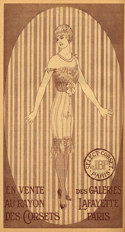 Select JPB corset for sale in the corset department of Galeries Lafayette in Paris - 1914 by French School