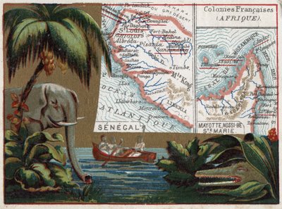 Senegal, Mayotte, Ile de Sainte Marie, Nossi Be (Nossi-be or Nosy-be or Nosy be), Africa. Elephant, crocodile and boat in a river. Series on the French colonies. Chromolithography 