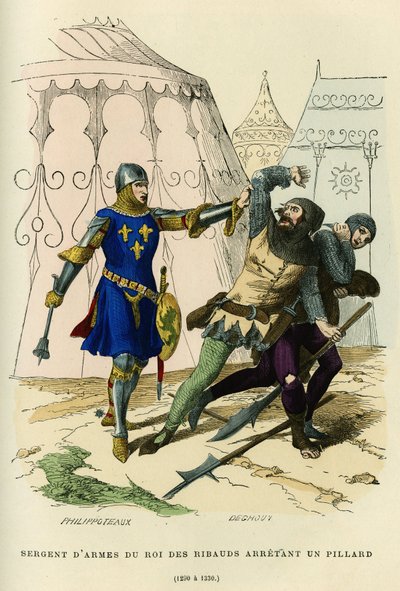 Sergeant-at-arms of the king of the ribauds arresting a looter (1290 to 1330). Colour engraving, in 