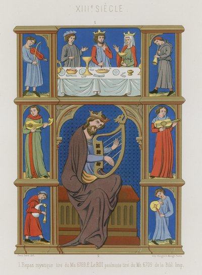 Series of 13th-century images depicting a mystical supper, musicians and a king playing a lyre by French School