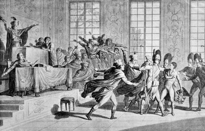 Session of the legislature at the orangerie de St Cloud: appearance of Bonaparte and liberating day of the 18th fog year VIII in the Chamber of the Council of Five Cents (Room of 500) by French School