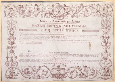 Share Certificate for 500 Francs for the Bazar Bonne-Nouvelle by French School