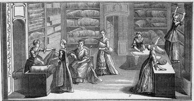 Shop of a fashion merchant in the 18th century. Engraving in La Marine et les colonies: commerce by French School