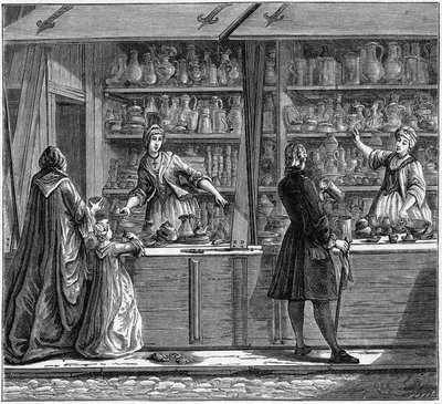 Shop of a tin potter in the 18th century. Engraving in 