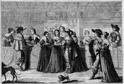 Shops in the Galerie du Palais (Paris), mid-17th century. From left to right: a bookstore, a haberdashery shop, and a shop of fans, gloves, and laces. Engraving by Foulquier in 