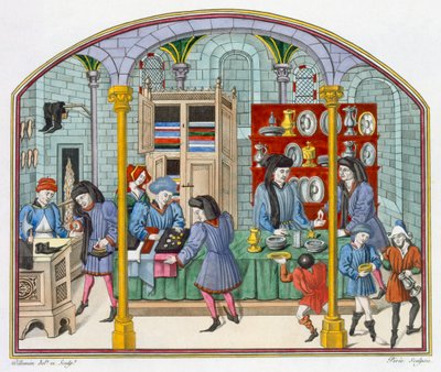 Shops under a Covered Market, after a miniature in a 14th century translation of Aristotle