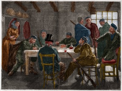 Sicilian mafia in the 19th century: Interrogation of a landowner abrogated by Sicilian mafiosi in 1873. Engraving from 1873. by French School