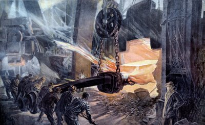 Siderurgy: At Creusot, the exit of an armor plate from the oven. Prints of 19th century Paris, decorative arts by French School