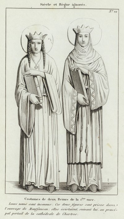 Unknown Century and Reign, Costumes of Two Queens of the First Race (engraving) by French School