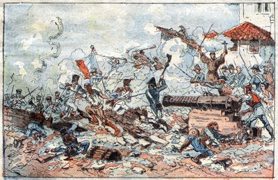 Siege and capture of Zaragoza in Spain in February 1809 by the Napoleonic troops. Engraving of the 19th century. by French School