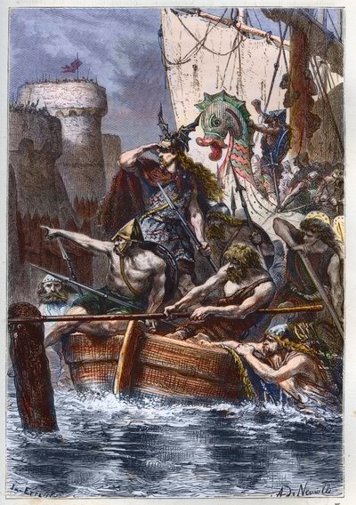 Siege of Paris: invasion of the Normans (Vikings) in 886 - Viking raider Rollo attacking Paris via the River Seine 885 AD by French School