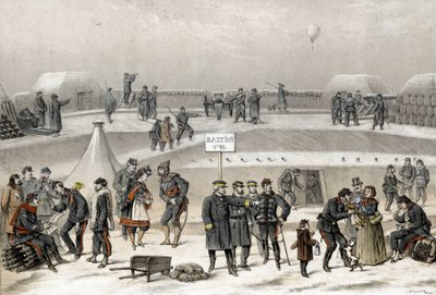 Siege of Paris in 1870 during the war 1870-1871. The soldiers prepare the defense of the city: one can see a soldier in the bunker by French School