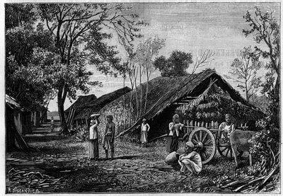 Silk production in a village in the vicinity of Mandalay, Burma, where silk worms spun their cotton. (From a photograph by Count Mahe de La Bourdonnais). Engraving in 