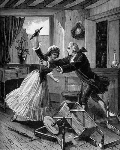 Sir Richard Arkwright (1732-1792), British mechanic, creator of the English cotton industry. Madame Arkwright seized several of the mods and threw them violently on the tile by French School