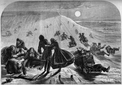 Sledding down in Montreal, Canada, winter 1859. Engraving in 