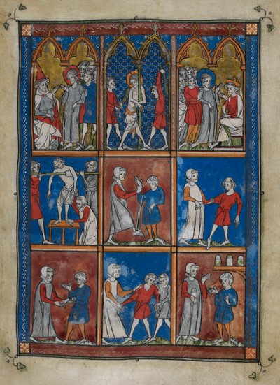 Nine miniatures showing biblical and medical scenes. Above, Christ before Caiaphas and Pilate; the flagellation. Centre and below, physicians treating patients for broken bones and other ailments by French School