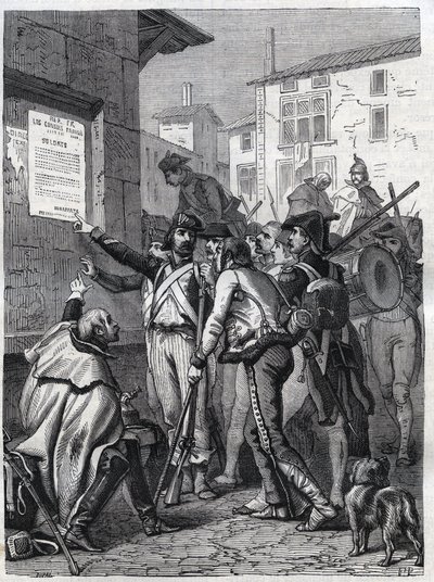 Soldiers, your needs are great: French soldiers reading the proclamation of General Bonaparte in November 1799 - Engraving of 1865 in Histoire du Consulate et de l