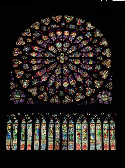 South transept rose window depicting Christ in the centre surrounded by saints and the twelve apostles by French School