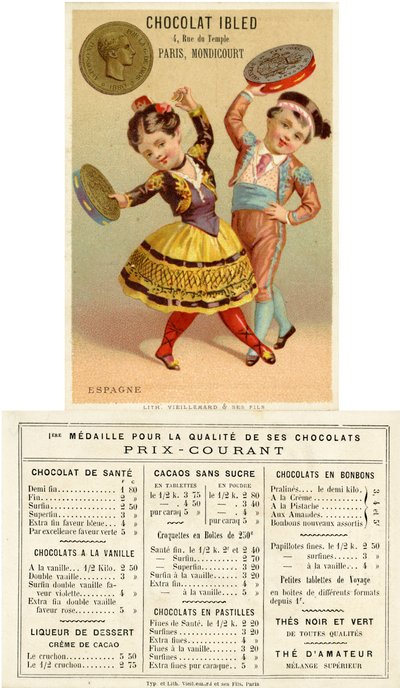 Spanish children dancing with tambourines made of pesetas, from a series of promotional cards on currencies in different countries, published in Paris by Vieillemard for use by Chocolat Ibled, 1886-95 by French School