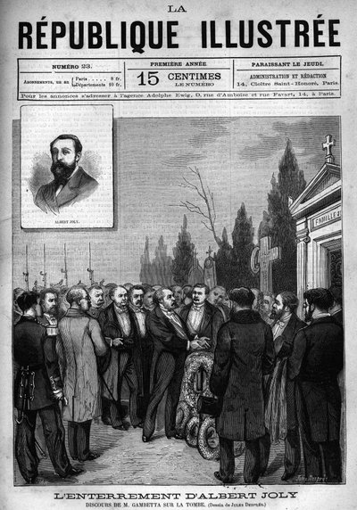 Speech by Leon Gambetta (1838-1882) at the burial of deputy Albert Joly (1844-1880) at the cemetery of Versailles. A newspaper. Engraving from 1880 in 