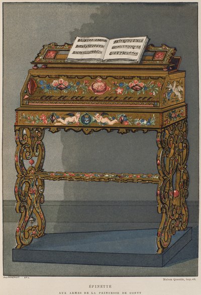 Spinet with the Coat of Arms of Princess of Conti (from Dictionnaire de Lameublement et de la Decoration by Henry Havard, Volume 2, Plate 26) by French School