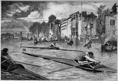 Sports competition: canoe race (outrigger) on the Thames. England by French School