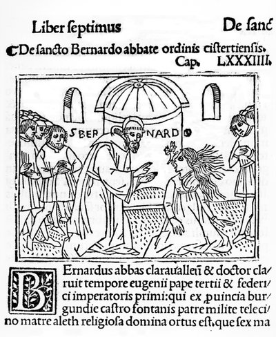 St Bernard of Clairvaux Exorcising a Possessed Woman, illustration from La Vie des Saints published 1506 by French School