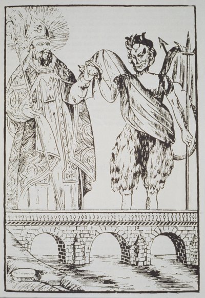 St. Cado and the Devil, copy of a popular French print, illustrated in a history of magic published late 19th century by French School