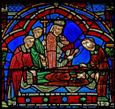 St Cheron window: bishop and deacons at his new tomb by French School