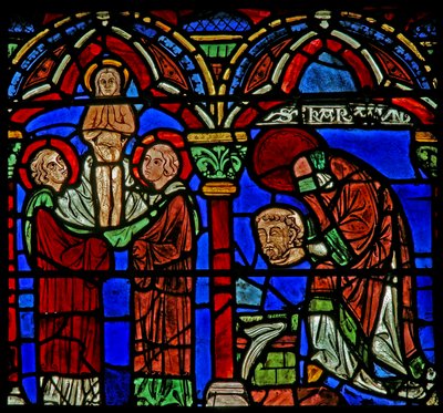 St Cheron Window: Carries His Head to Fountain of St Mesme; His Soul Ascends by French School