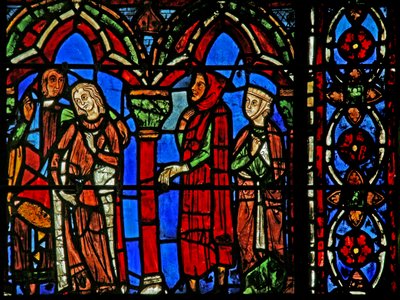 St Cheron window: his fiancée leaves with her parents by French School