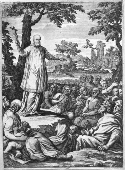 St. Francis of Sales preaching to the heretics of Chablais (engraving) by French School