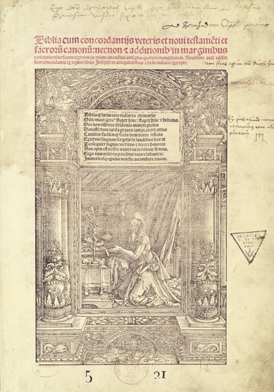 St. Jerome in his Studiolo, title page of a Bible, printed by J. Marion, Lyon, 1521 by French School