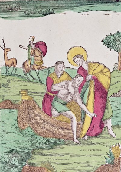 St. Julian the Hospitaller helping a traveller across a river by French School