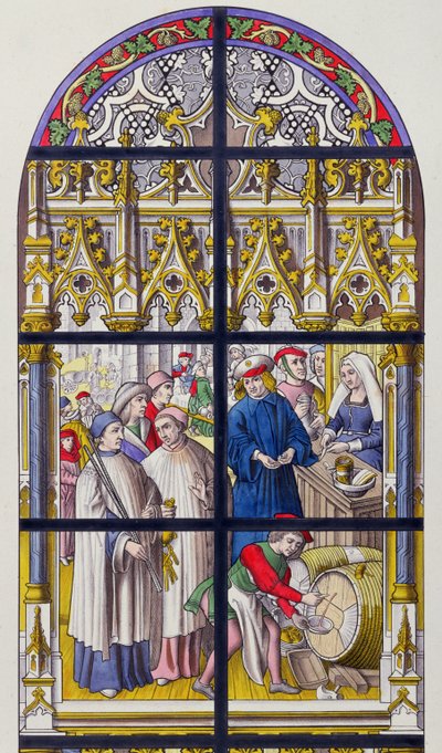 Stained glass from Tournai Cathedral illustrating the taxes levied on beer and wine by the Bishops of Tournai by French School