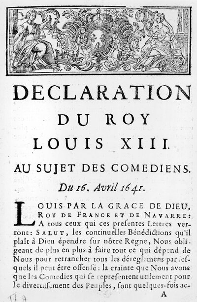 Statement of Louis XIII (1601-43) on the Comedians, 16th April 1641 by French School