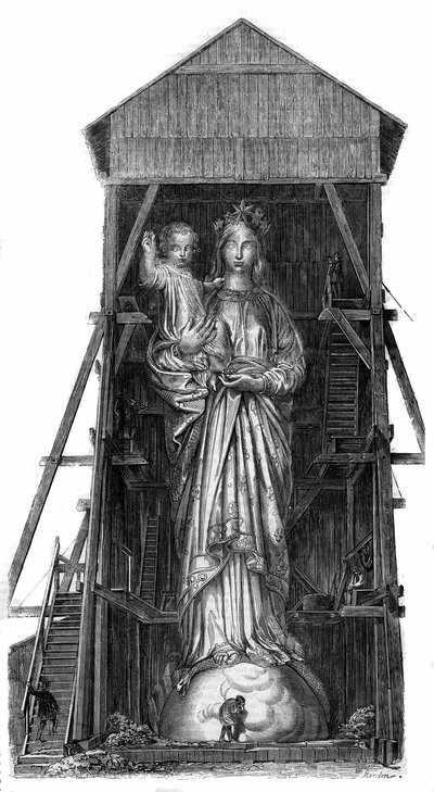 Statue of Notre Dame de France at Puy-en-Velay (Puy-en-Velay) in Haute Loire (43): Model of the Statue to be Melted from the Iron from the Cannons Taken in Sebastopol. The Statue was Completed in 1860 and was 16m High. From a Photograph. Engraving in 